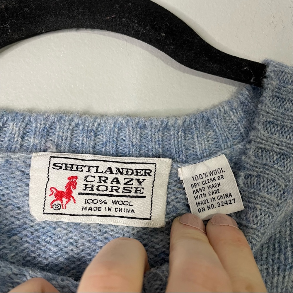 Shetlander Crazy Horse 100% Wool Light Blue Casual Knit Winter Crewneck Sweater - Picture 2 of 3